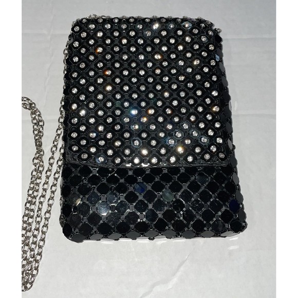 Black mesh crystal embellished shoulder tote purse bag - Picture 3 of 8